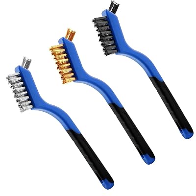 Wire Brush Set 3Pcs, NylonBrassStainless Steel Bristles with Curved Handle Grip for Cleaning with Curved Handle Grip for Rust Removal, Dirt, Paint Scrubbing Blue