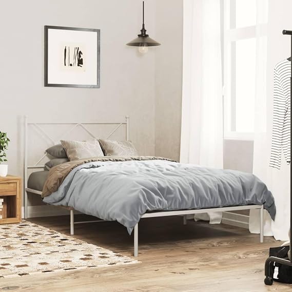 Bed Frame White Powder-Coated Steel Single Durable Bed Frame Sturdy Metal for Bedroom