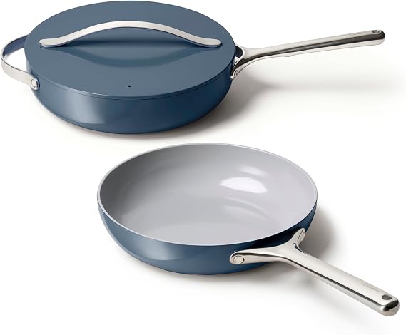 Caraway Non-Stick Fry Pan and Saute Pan Duo | 10.5" Ceramic Frying Pan and 12" Deep Saute Pan with Lid, Non-Stick, Non-Toxic, Oven Safe, Navy