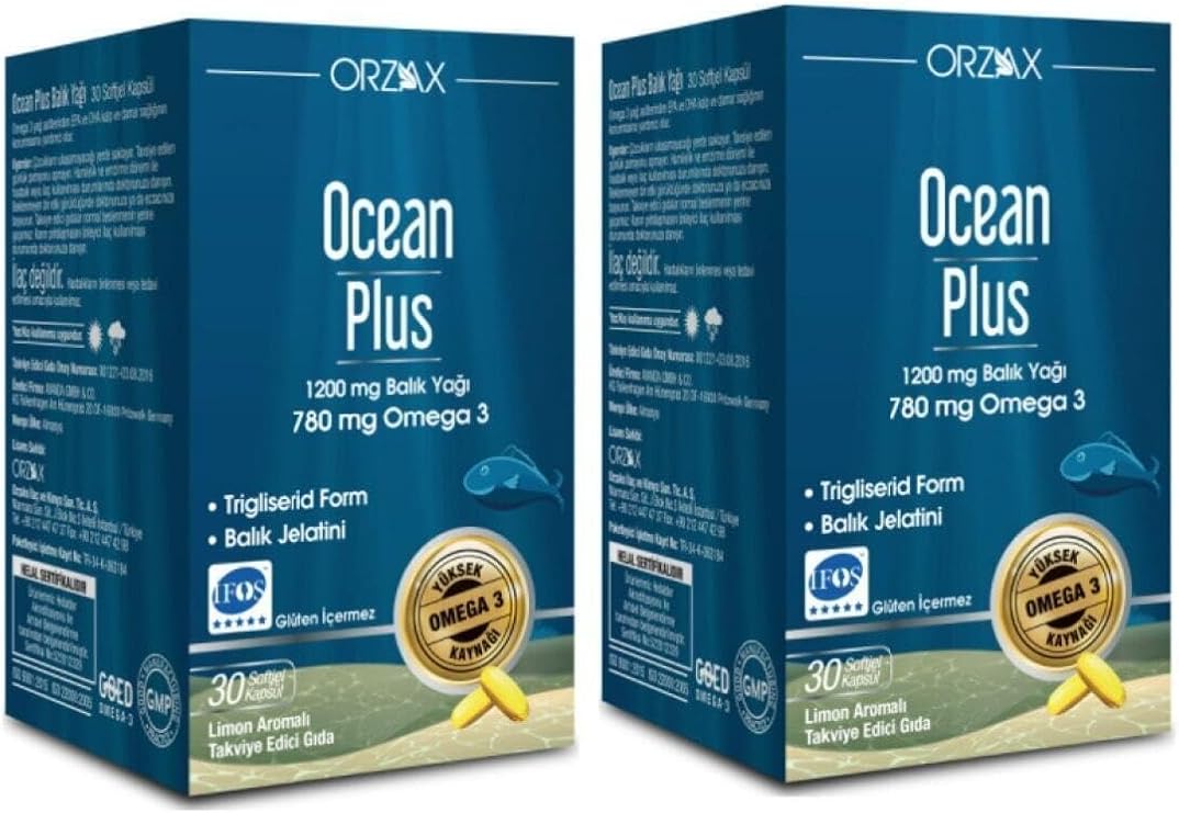 Orzax Ocean Plus Omega 3 1200 mg, 780 mg Omega 3, 30 Kapsül, 2'li Set, Limon Aroması