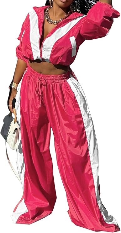 Ecirod Womens Color Block Sweatsuit Set 2 Piece Outfits Zip Up Sweatshirt High Waisted Wide Leg Pants with Pockets