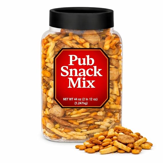 Pub Snack Mix Crunch Assortment 44 Oz Party Size Savory Snack - Honey Mustard Cheddar Cheese Pretzel Sesame Chips Rice Cracker Nacho Bagel Worcestershire Rye