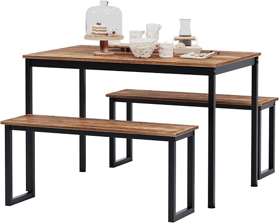 DlandHome 3-Piece Dining Table Set for 4 People,Soho Dining Table and Chairs Set,Rectangular Space-Saving Dinner Table with Two Benches for Kitchen,Brown