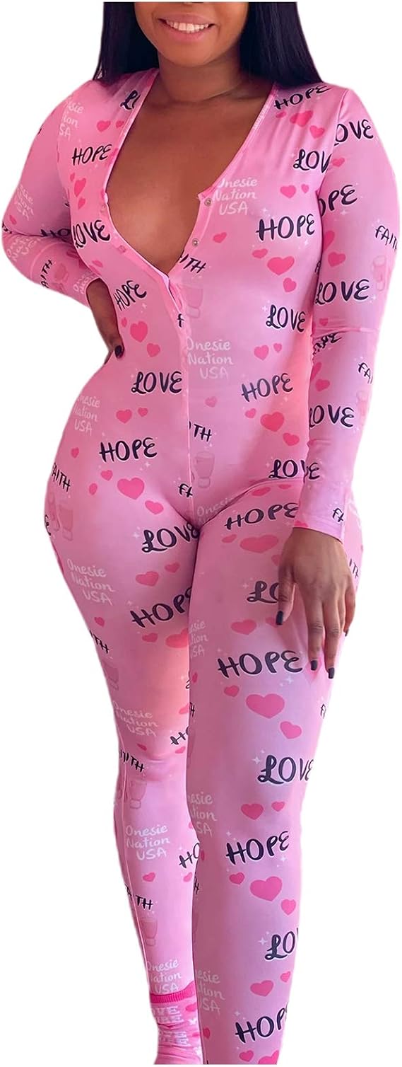 Women's Long One Piece Pajamas with Drop Seat Butt Flap Sexy V Neck Jumpsuit Romper Bodycon Bodysuit Sleepwear (Pink, XL)