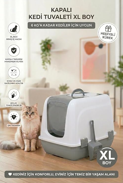 Flex Kapalı Kedi Tuvaleti – 37,5 x 50 x 40 cm, XL boy, Kum Kürek Hediyeli