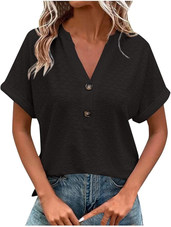 Akklian Blouses for Women Dressy Casual Button V Neck T-Shirts Plus Size Ladies Chiffon Work Blouses Loose Fit Tunic Tops