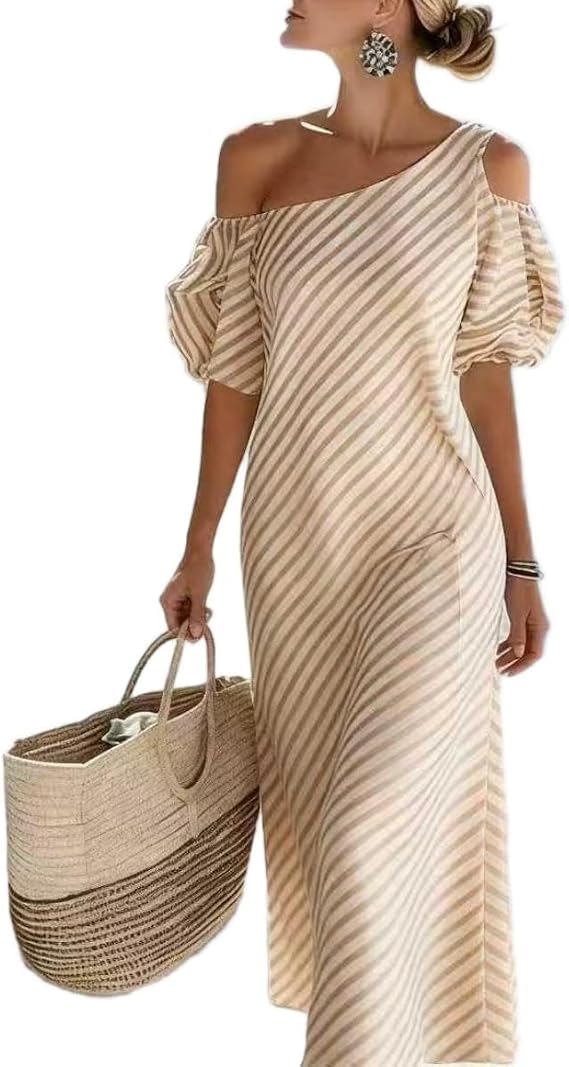 Women's 2026 Summer Striped One Shoulder Maxi Dress Smocked Cold Sleeve Beach Vacation Daily Dresses