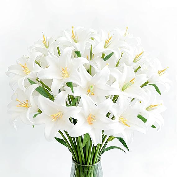 Tinsow 20Pcs Artificial Lily Real Touch Flowers Fake Latex Lily Flowers White Mini Lily for Wedding Home Decoration Small Easter Lily