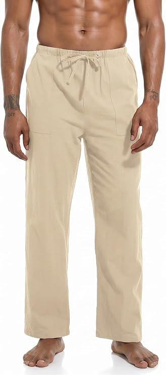 AITFINEISM Men's Casual Cotton Linen Pants Elastic Waist Lightweight Drawstring Summer Pants