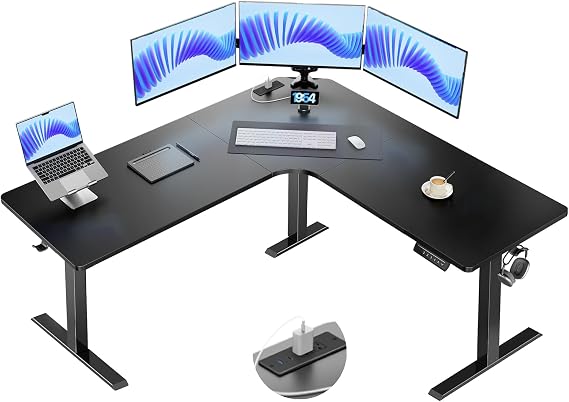 HUANUO 63" x 63" L-Shaped Standing Desk, Built-in Power Outlets, Black