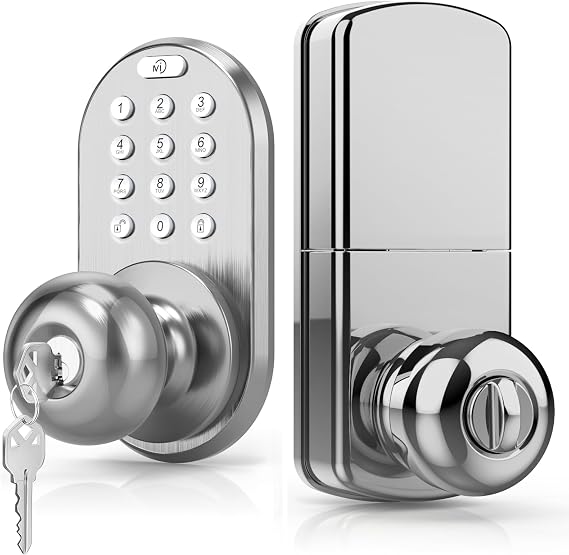 Milocks Keypad Door Lock - Electronic Smart Digital Lock for Front Door, 15 Pin Codes, Backlit Keypad, Auto & One-Touch Locking, Door Knob with Keypad for Smart Home Improvement - Satin Nickel