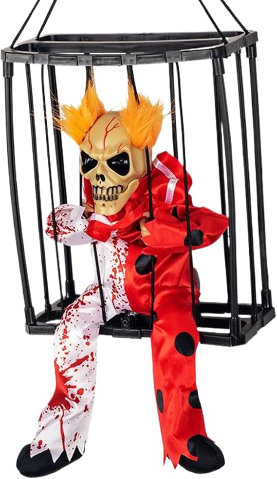 Halloween Animatronics Hanging Light up Eyes Sounded Hanging Ghosts in Cage Flashing Screaming Activated Animated Skeleton Decorations for Party Haunted House,(Style 4),Halloween