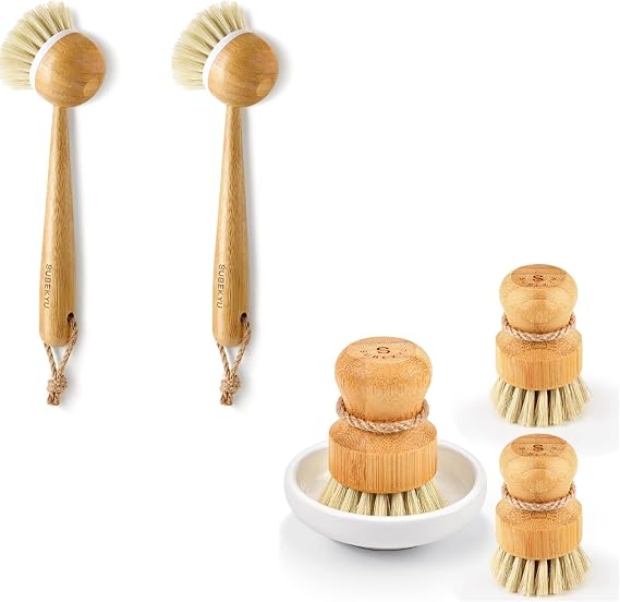 SUBEKYU 3 Pack Bamboo Dish Brushes + 2 Pack Bamboo Dish Scrubber Brush with Long Handle