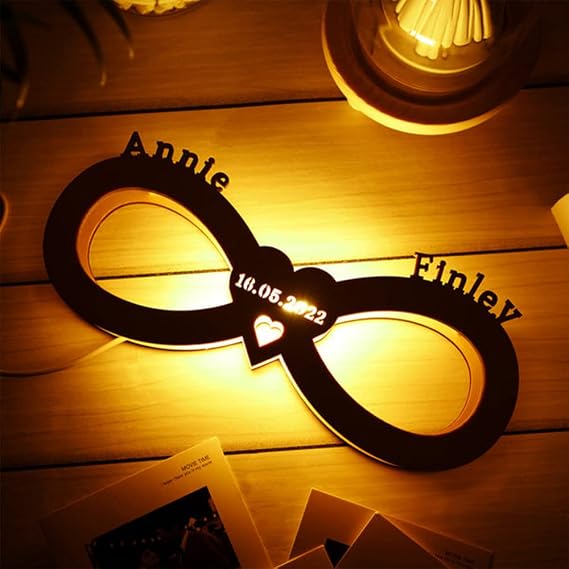 VEELU Custom Night Light Infinity Light Loved Infinity - Custom Name Wooden Led Night Light|Romantic Night for Couples|Personalized with Both Names|Perfect for Bedroom Decor Couples