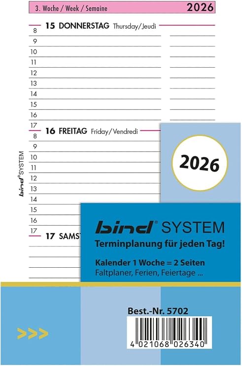 B-5702 Calendar Insert 2026 Mini (Weekly Planner)