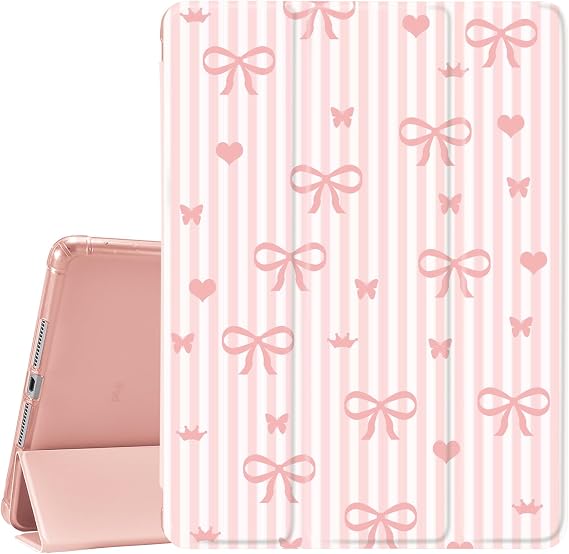 JOYLAND Pink Pad Case for iPad 7th/8th/9th Generation (2019/2020/2021),with Pencil Holder-Auto Wake/Sleep,Bow&Love Pattern Anti-Scratch Shockproof Premium Folio Stand Case,10.2 inch