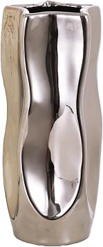 Wave Ceramic Vase - Modern Silver Shiny Finish, Pentagon Shape for Dried Flower Arrangement for Living Room Bedroom Office Decor, Small, 7" H