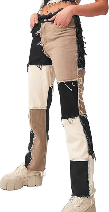 Women's High Waist Straight Leg Patch Denim Pants Novelty Patchwork Jeans with Fuzzy Edge