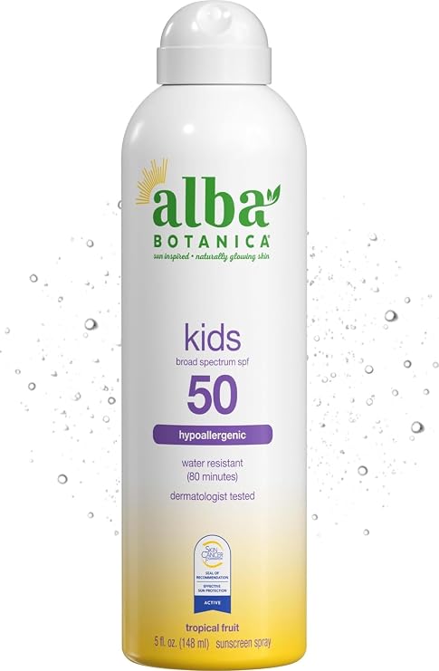 Alba Botanica Kids Sunscreen Spray for Face and Body, Tropical Fruit, Broad Spectrum SPF 50, Water Resistant, 5 fl. oz. Bottle