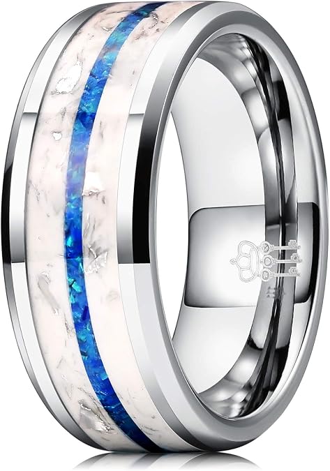 THREE KEYS JEWELRY Tungsten Wedding Band Opal Inlay for Men Women Blue