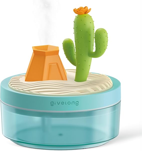 Mini Humidifier Bedroom Quiet Air Humidifier with Landscape Decoration for Nursery Office Small Room and Plant - Night Lights, Auto Shut-off, Two Spray Modes (Green Cactus)