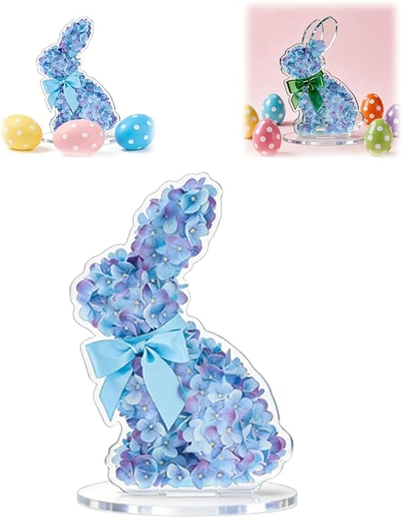 Easter 2D Acrylic Desktop Ornament, Blue Hydrangea Floral Bunny Decor for Easter Table Decorations, Easter Table Decor for Home Office & Spring Party, Gifts for Friends & Family (1pc)