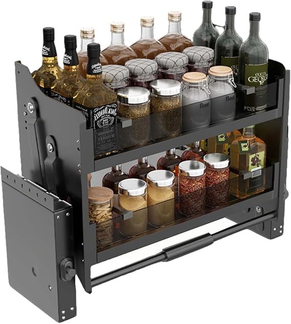 Pull-Down Cabinet Organizer with Double-Layer compartmentalized Storage and Large Capacity Pull-Down Shelf for Upper cabinets Silent Operation Suitable for Kitchens Gray 40cm