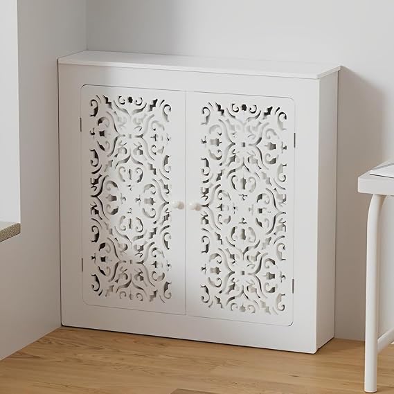 White Radiator Cover Heater Cover with Handle, Modern Radiator Decoration, Hide Cluttered Pipes Radiator Shelf Heating Side Stand Cabinet for Household Living Room(24" Lx8 Wx24 H)