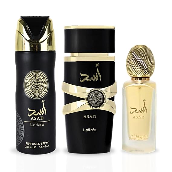Lattafa Asad Eau De Parfum Spray - 100ML, Hair Mist - 50ML, Perfumed Spray 200ML | Gift Set