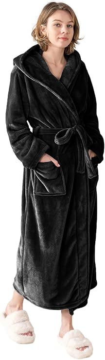 Robes for Women - Hooded Plush Fleece Bathrobe with Sash & Pockets, Full-Length Lightweight Spa Robe