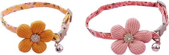 PetPhindU Small Dog Collar with Flower, Puppy Collar for Girl Dog Collars for Small Dogs Cute Dog Collar with Bell Adjustable Length Adjustable Soft Dog Collar Print Flower (2PCS,Yellow+Pink)