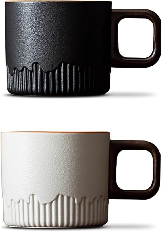 Set of 2 Ceramic Espresso Cups with Wooden Handle, 2.7 Oz/80 ml Porcelain Coffee Mug, Demitasse Tea Cup, Yerba Mate Cup for Latte Cappuccino Mocha Coco (Black & White)