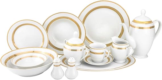 Royalty Porcelain White 57pc Dinner Set Gold Celtic Strip Bone China Porcelain