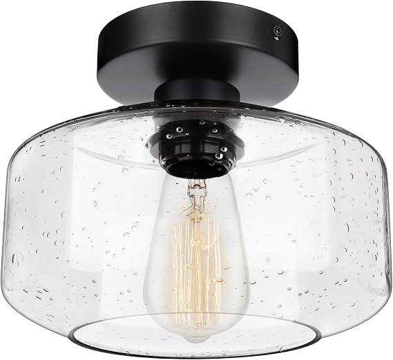 SunRider Industrial Semi-Flush Mount Ceiling Light Seeded Glass Shade Black