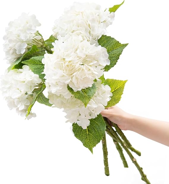 CXGS Artificial Hydrangea Flower 5PCS 21.7 inch Real Touch Faux Flowers Large White Fake Flower DIY Bouquet Hydrangeas with Long Stem for Home Party Wedding Centerpieces Decor