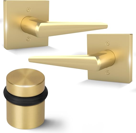 Mega Handles SCHEIN Collection - Reversible Dummy Door Handle 2 Pack + Door Stopper 1.5IN (Satin Brass)