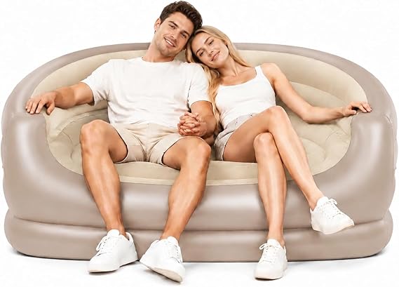 Inflatable Sofa, Twin Size Inflatable Couch, Foldable Sofa Bed & Portable Air Lounger for Camping, Blow Up Love Seat for Living Room, Outdoor & Indoor, Heavy Duty (Khaki)