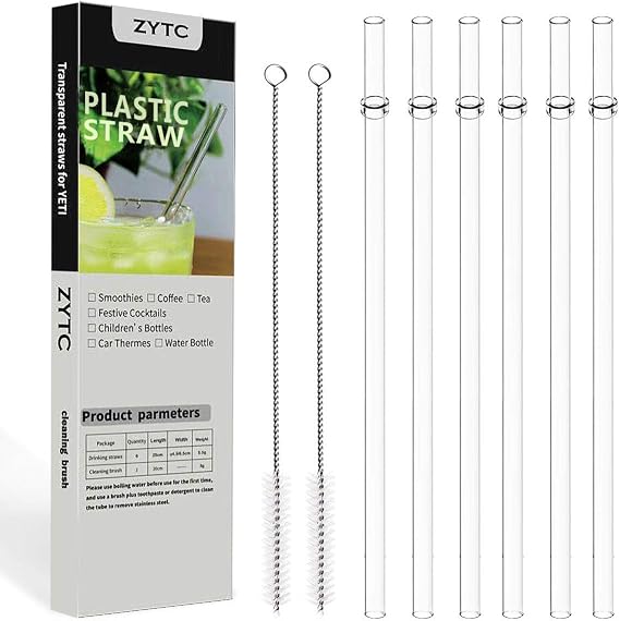 ZYTC reusable plastic straws, 20OZ and 30OZ cups, for Yeti, Ozark, set of 6 straws and 2 cleaning brushes
