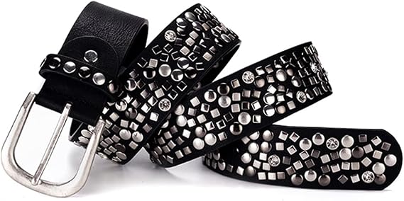 Rhinestones Studded Belts with Square & Round Punk Rock Rivet Goth 1 1/2" Belt for Women Jeans Clothing Accessories(110cm/waist:36"~38", Black)