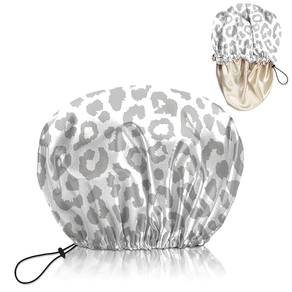 Luxury Shower Cap Satin Lined Reusable Waterproof Double Layer Elastic Adjustable Hair Bath Cap Cute Aesthetic Women Girls-White Leopard