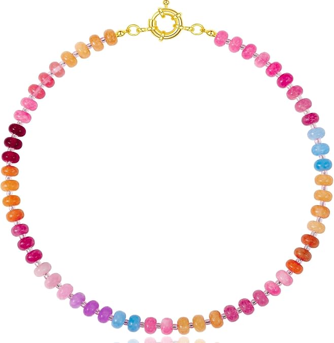 Chunky Colorful Beaded Gemstone Necklace, 16In Rainbow Bead Collar | Handmade beach pink natural stone beaded necklace with gold clasp for vacation daily wear, surf trips & boho outfits