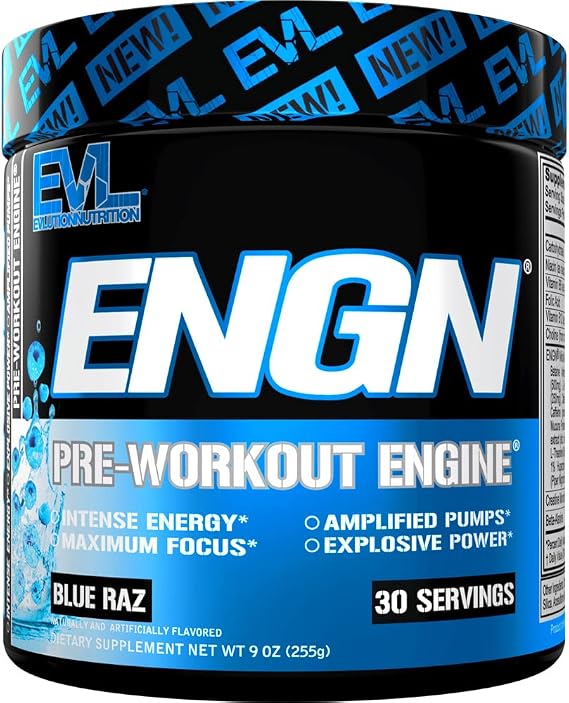 EVL ENGN - Intense Pre Workout with Creatine - 30 Servings - Blue Raz | Energizing Pre Workout Powder for Men - For Lasting Energy Focus and Recovery - with Beta Alanine Caffeine and L Theanine
