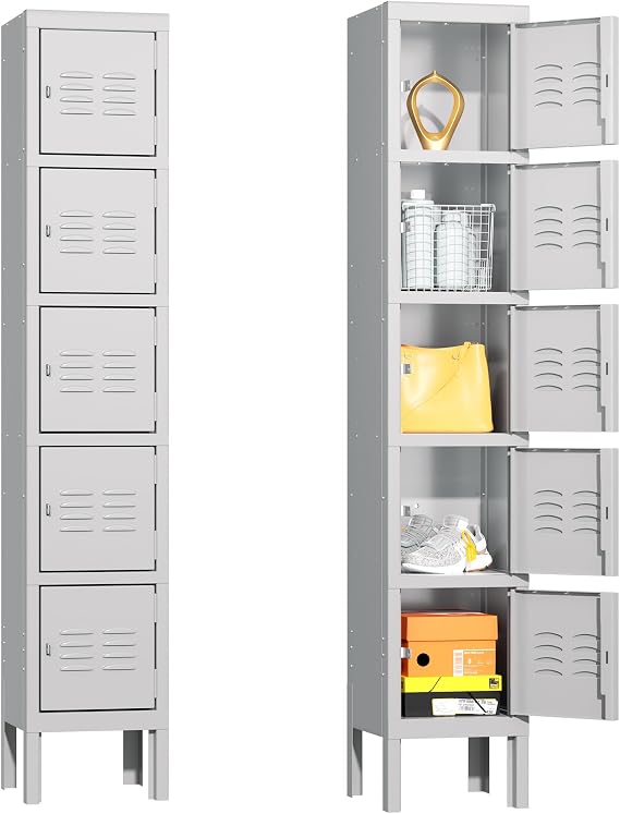 Greenvelly Metal 5-Tier Lockers for Employees Steel Lockers for Gym, Metal Storage Locker with Louvers, 5 Door Locker for Office,Home,School (Grey)