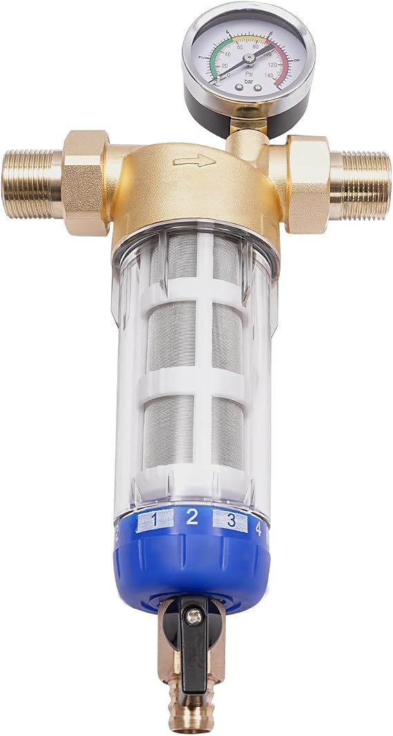 Reusable Whole House Spin Down Sediment Water Filter, 40 Micron Flushable Prefilter Filtration for Plumbing Pystem, Water Softeners 3/4" FNPT
