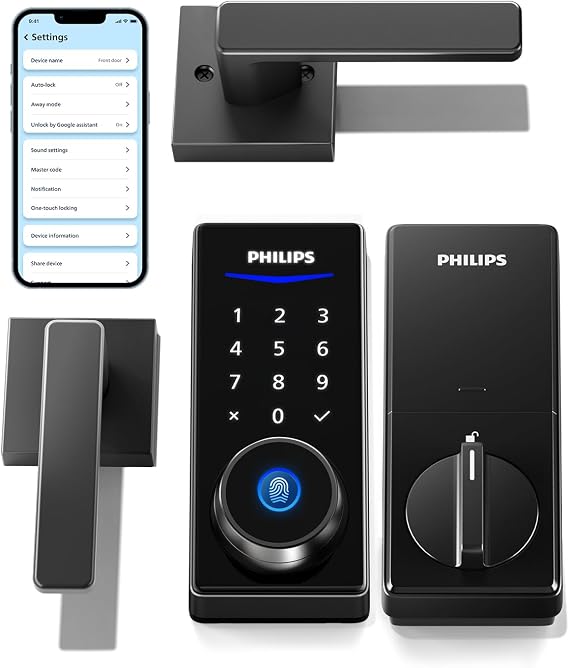 Philips Smart Deadbolt Lock with 2 Lever Handle, Keypad Front Door Lock Set | Code / Fingerprint / APP Unlock, Auto Lock, Keyless entry, Electronic Backlit Touchscreen, 2 Backup Keys, Anti-Peeping