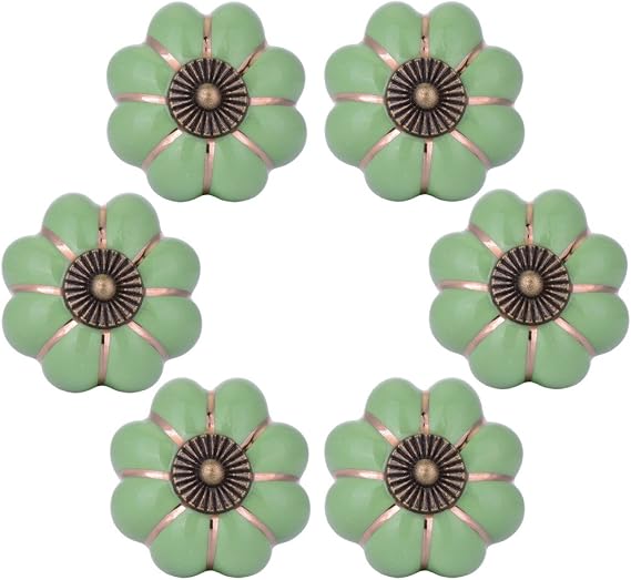 Wolfteeth Green Cabinet Knobs, Unique Dresser Knobs, 6pcs | Ceramic with Antique-looking Brass Highlights,1.5 inch,Comfortable to Grip,3 Screw Sizes,Easy to Install,For Kitchen,Bathroom