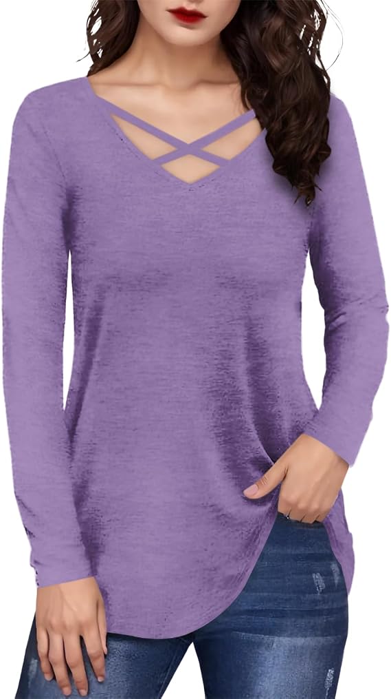 Summer Tops for Women Criss Cross Strappy V Neck Long Sleeve Breathable Casual Trendy Blouses Comfortable Lightweight Graphic Tees Going Out Outfits Floral Printed Vintage Clothes,2XL Purple