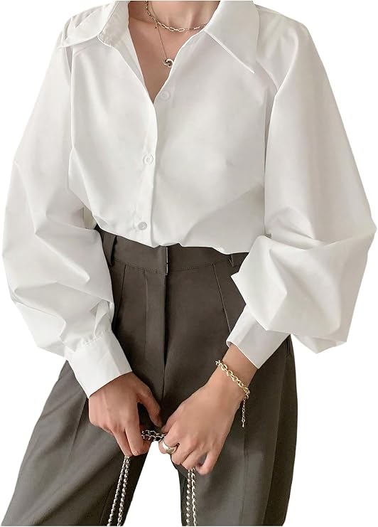 GORGLITTER Women's Oversized Button Down Shirts Casual Dressy Bishop Long Sleeve Shirt Business Office Formal Tops