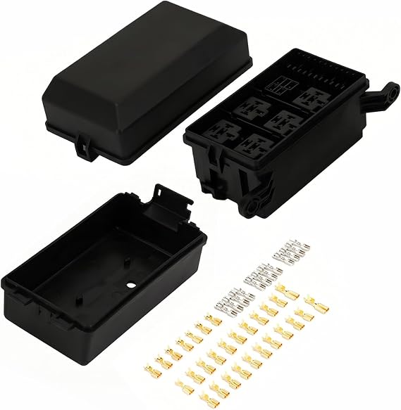 Car Relay Fuse Box Set, 12V 6 Slot Relay Box with Copper Terminals, Waterproof Flame Retardant ATC/ATO Fuse Block, Universal Modification Accessory for Cars Boats Trucks (Black)
