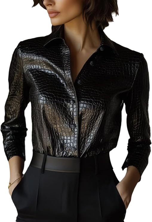 Leather Jacket Women Black Smooth Glossy Python Skin Button Down Bomber Jacket Women 2025